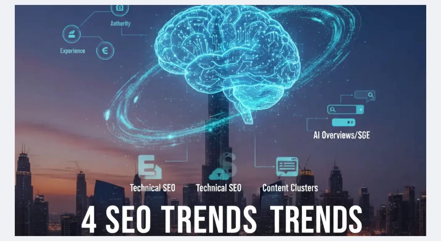 Digital brain showing 4 SEO trends (E-E-A-T, AI, Technical SEO, Content Clusters) over Dubai skyline 2025.